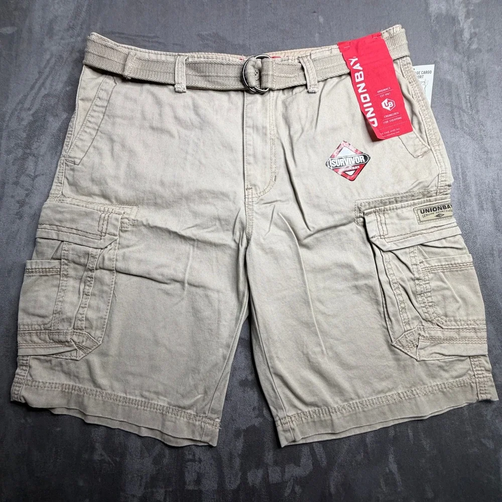 Unionbay Cargo Shorts Mens 38 Khaki Survivor Vintage Belted Cotton New